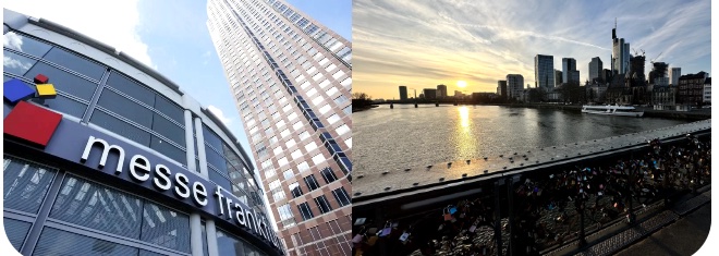 Messe Frankfurt und Skyline am Main bei Sonnenuntergang